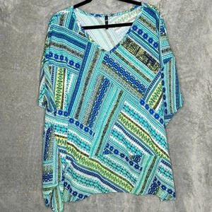 Bleeker & McDougal 2X Shirt Top Blue Striped Dolman Short Sleeve V‎ Neck Stretch